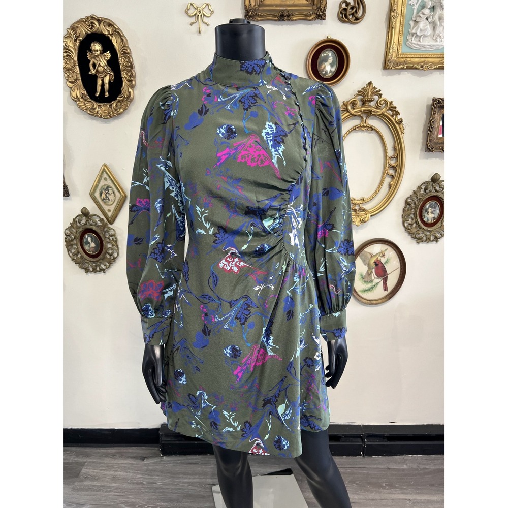 Tanya Taylor Olive Green Floral Mock Neck Mini Dress Size 4
